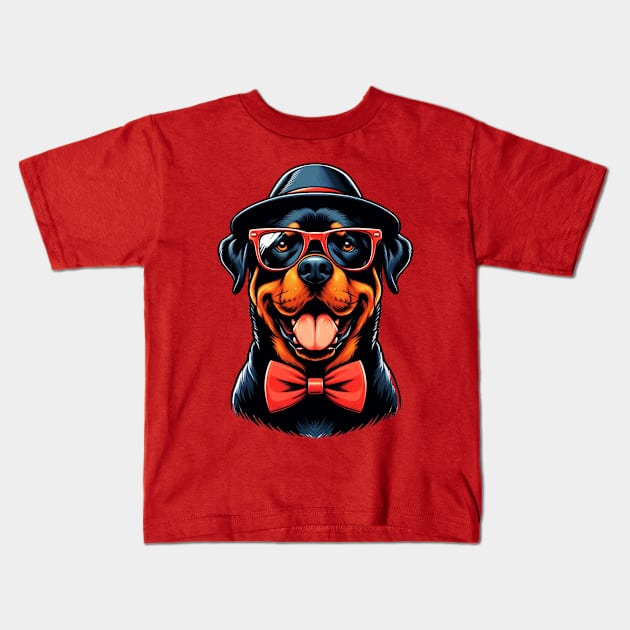 cute Rottweiler Dog Wearing Red Glasses And Bow Tie Kids T-Shirt by Figurely creative